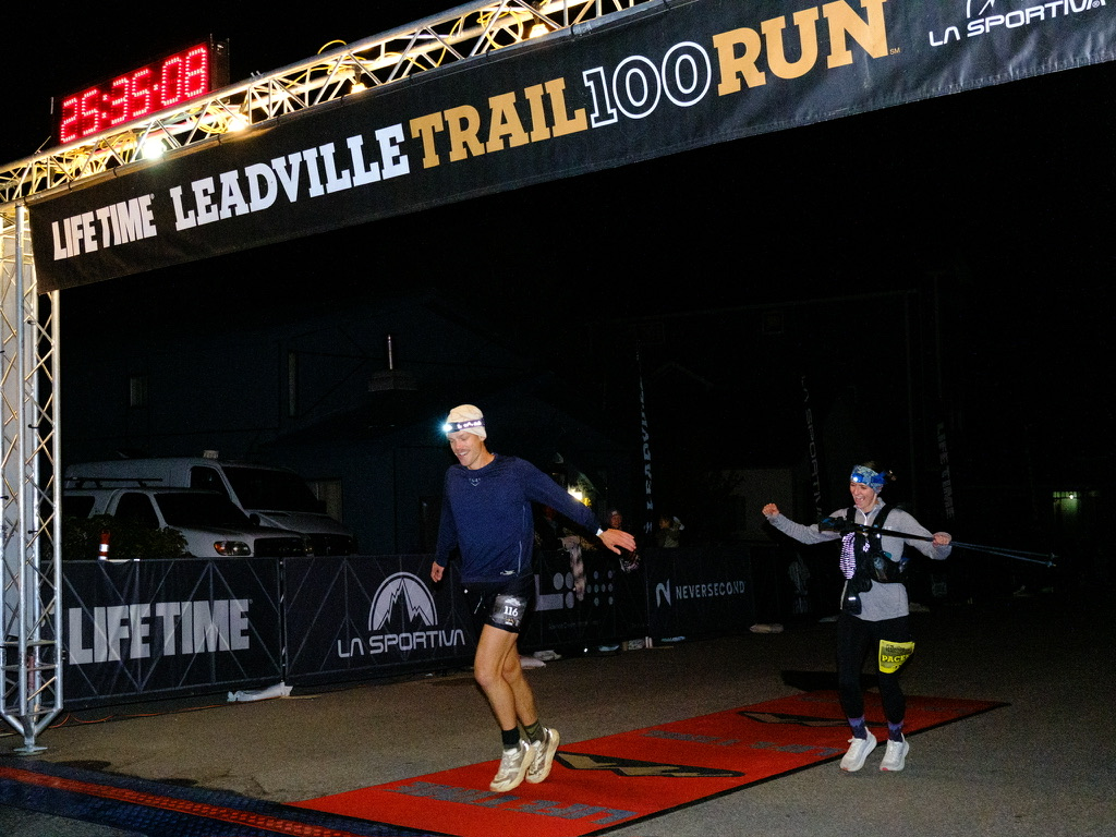 Crossing the Leadville Trail 100 finish line, 25:35:08 on the clock